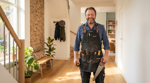 Vakman met gereedschapsschort in een nieuwbouwwoning